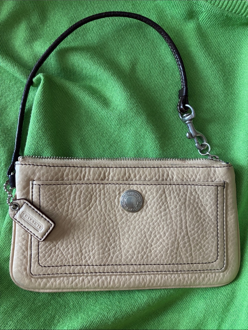 Coach Beige Pebbled Leather Wristlet with Dark Brown Strap
